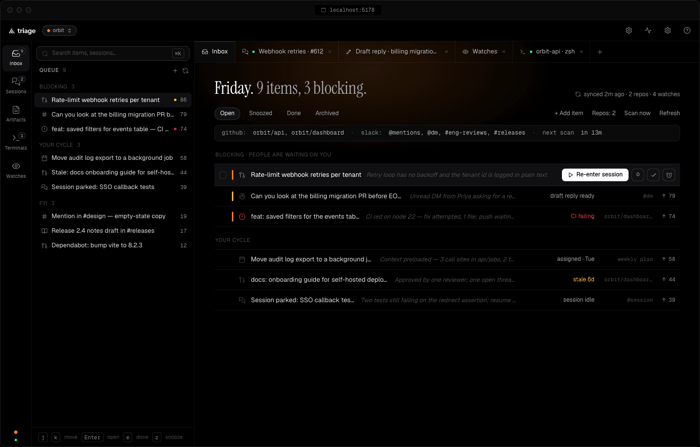 The Triage inbox. A ranked queue reading “Friday. 9 items, 3 blocking”, grouped into Blocking and Your cycle, each row with a plain-English reason and a score, with a Re-enter session button on the first item.